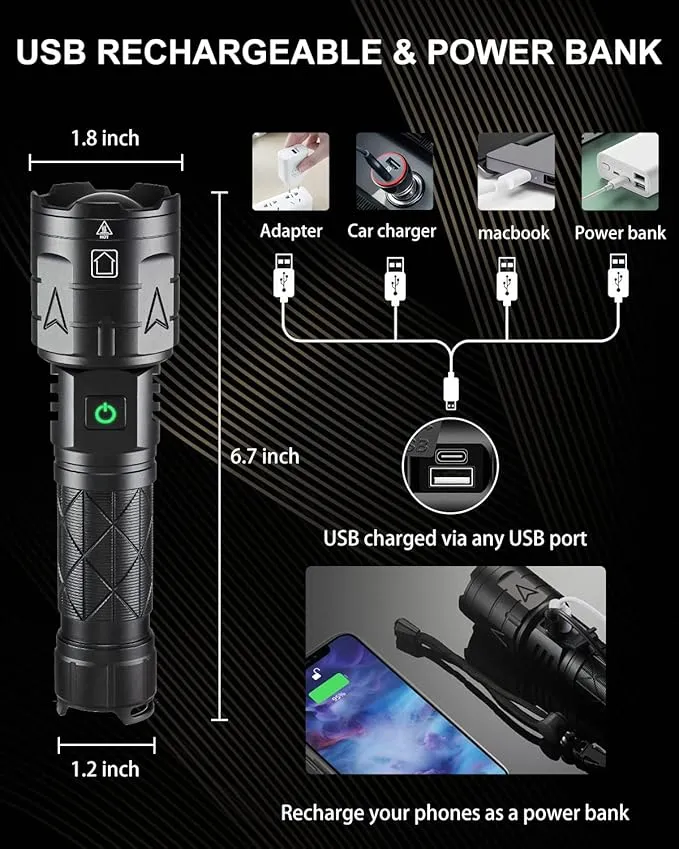 Rechargeable Flashlights High Lumens, Super Bright Flashlight 100000 Lumens, Powerful Tactical Flashlights, 5 Modes, Zoomable, IPX5 Waterproof, Handheld XHP160 LED Flashlight for Emergency Camping