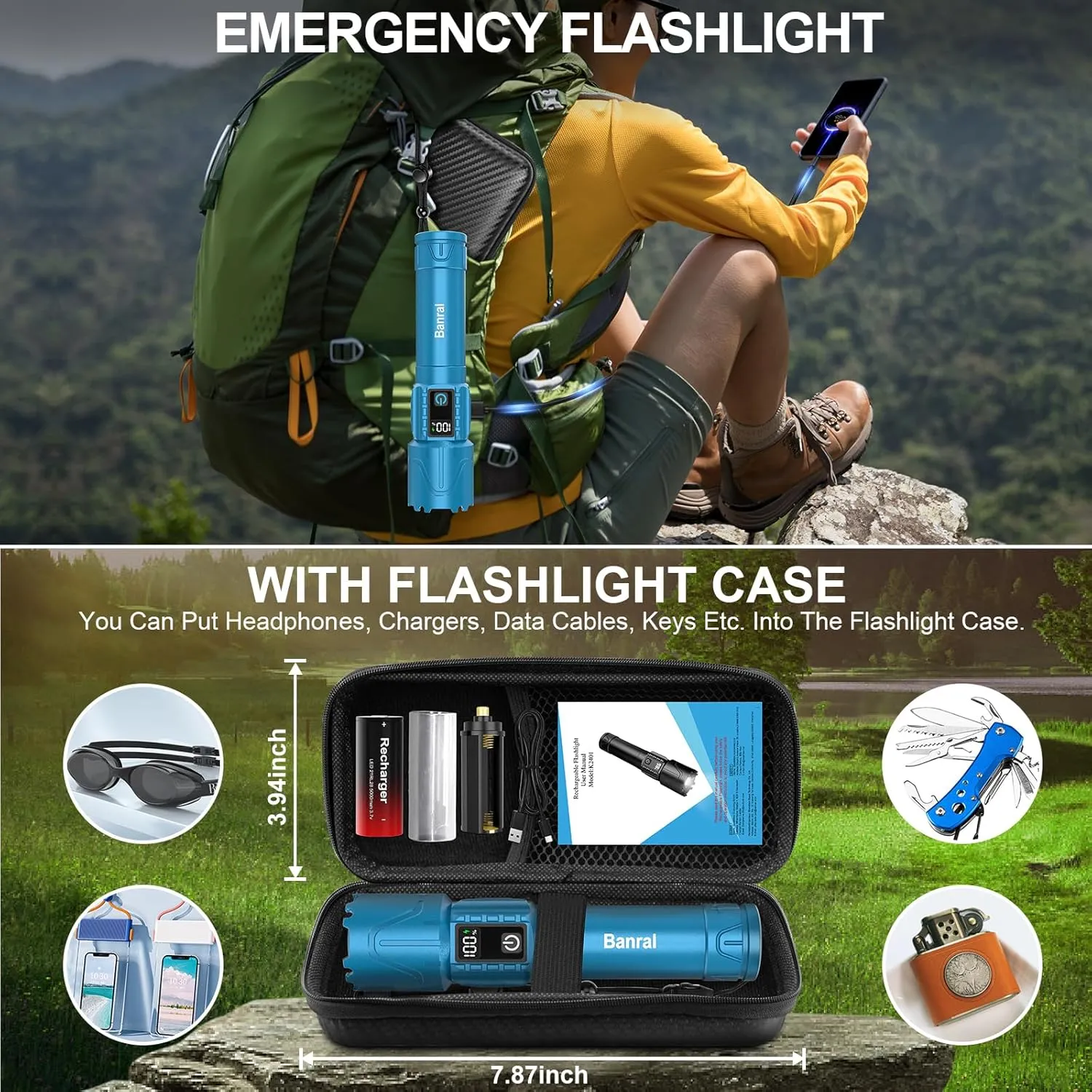 Rechargeable Flashlights High Lumens - Super Bright LED Tactical Flash Light, Powerful Waterproof Handheld USB C Flashlight for Camping,Emergencies,Home,5 Modes,Zoomable (2, Turquoise)