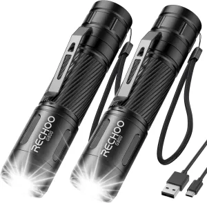 RECHOO Flashlight Rechargeable 2 Pack, 500 Lumens, 3 Lighting Modes & Zoomable, Small Flash Light for EDC and Emergency, Water Resistant, Duable, Included Pocket Clip & Lanyard