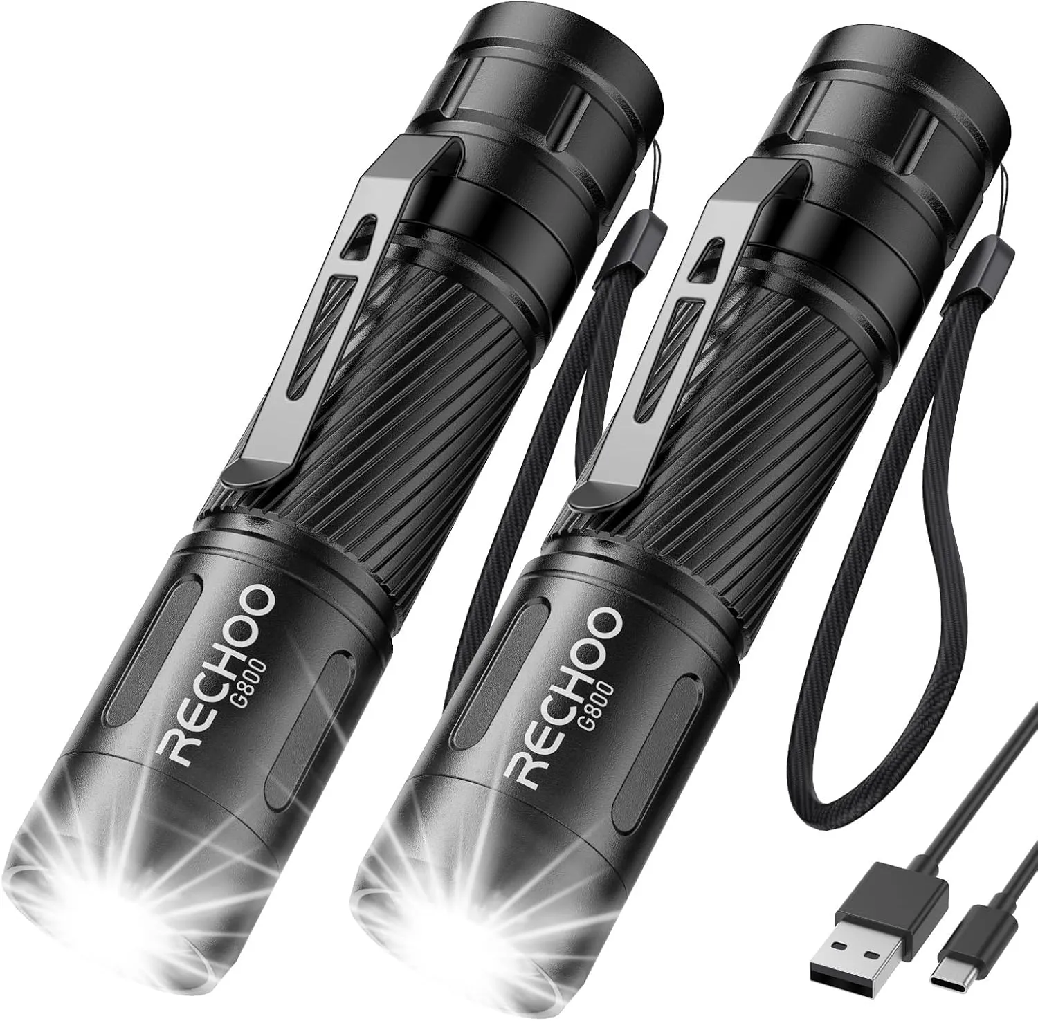 RECHOO Flashlight Rechargeable 2 Pack, 500 Lumens, 3 Lighting Modes & Zoomable, Small Flash Light for EDC and Emergency, Water Resistant, Duable, Included Pocket Clip & Lanyard