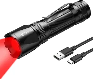RECHOO Red Light Flashlight, High-Powered 3 Modes Red LED Rechargeable Flashlights with Clip & Lanyard, Zoomable and Portable Red Flashlights for Hunting, Astronomy, Aviation, Night Observation
