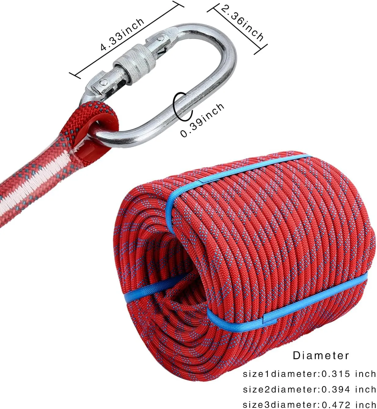 Red 196Ft (60m) 10mm Polyester Static Climbing Rope - Outdoor Rock Climbing & Rappelling Rope