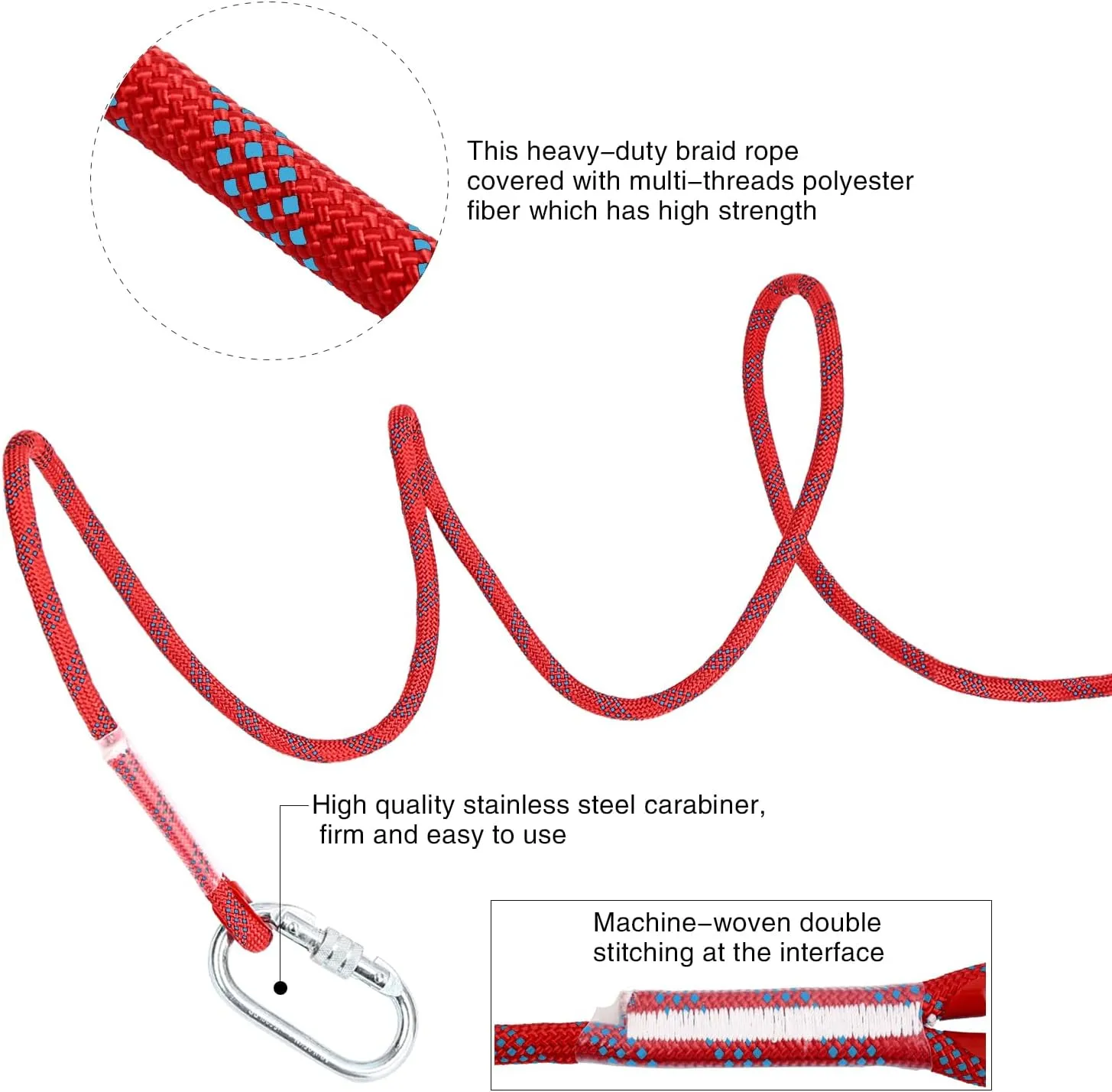 Red 196Ft (60m) 10mm Polyester Static Climbing Rope - Outdoor Rock Climbing & Rappelling Rope