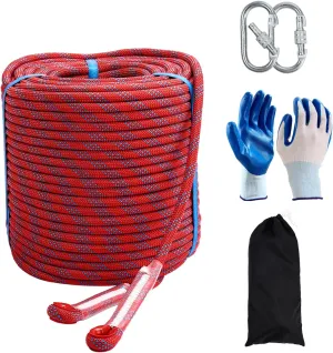 Red 196Ft (60m) 10mm Polyester Static Climbing Rope - Outdoor Rock Climbing & Rappelling Rope