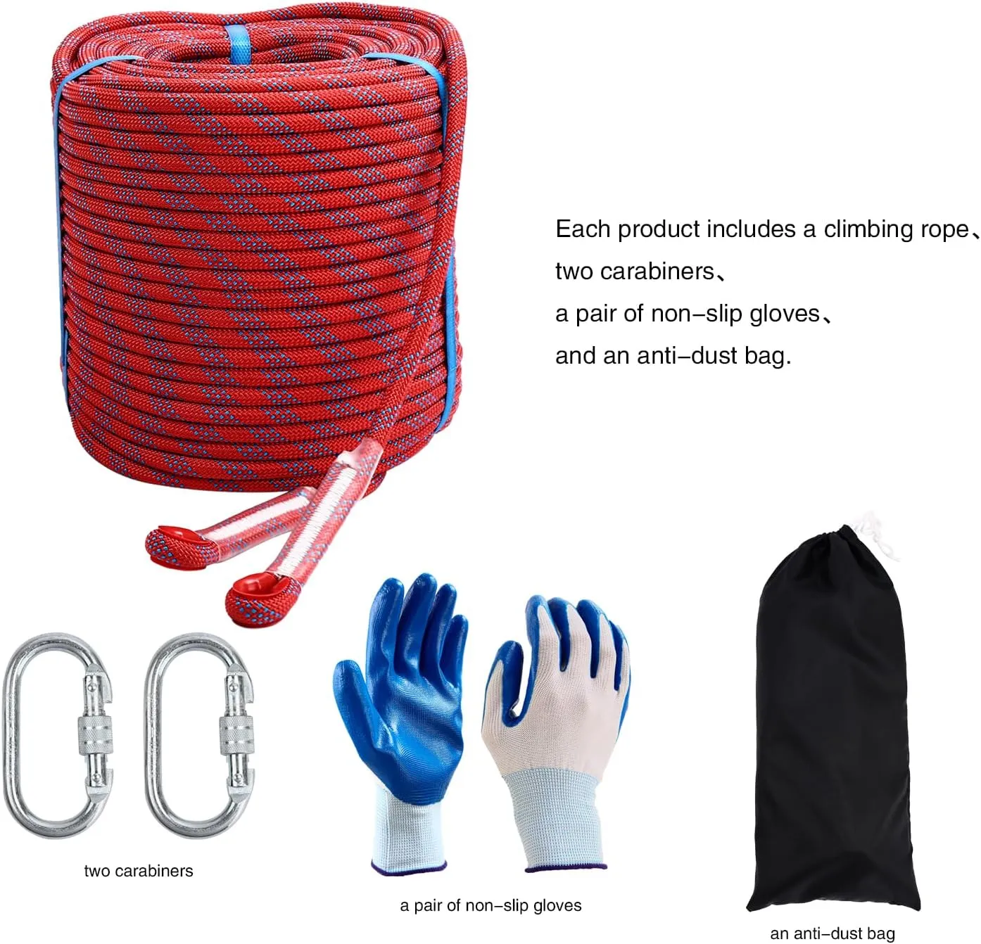 Red 196Ft (60m) 10mm Polyester Static Climbing Rope - Outdoor Rock Climbing & Rappelling Rope