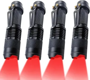 Red Light Flashlight, Single Mode Lightweight Adjustable Focus Portable Red LED Flashlights for Night Hunting Astronomy Aviation，4-Pack