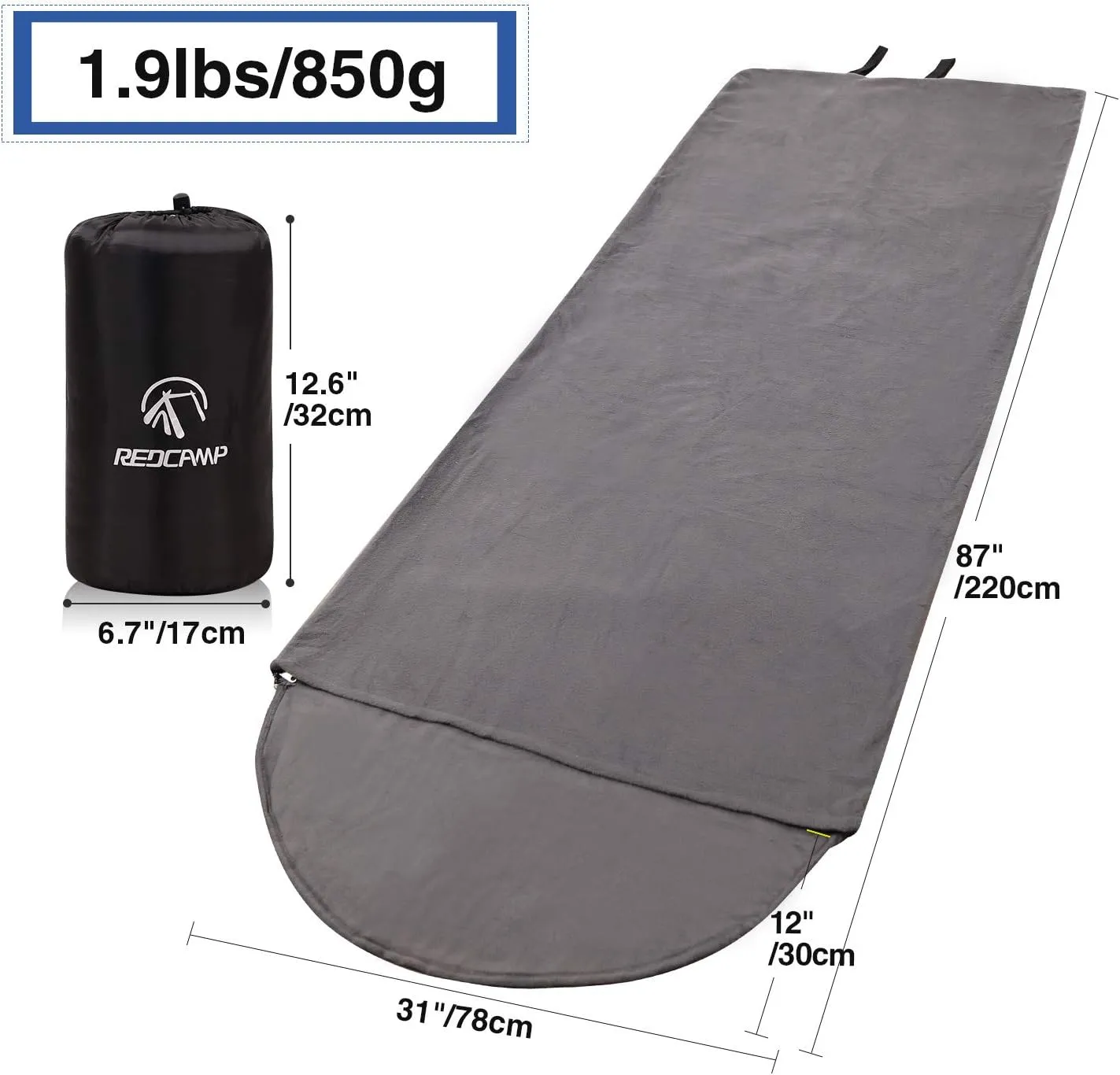 REDCAMP Fleece Sleeping Bag Liner with Hood, Great for Adult Warm or Cold Weather, 87" Long Full Sized Zipper Camping Blanket for Outdoor, Grey