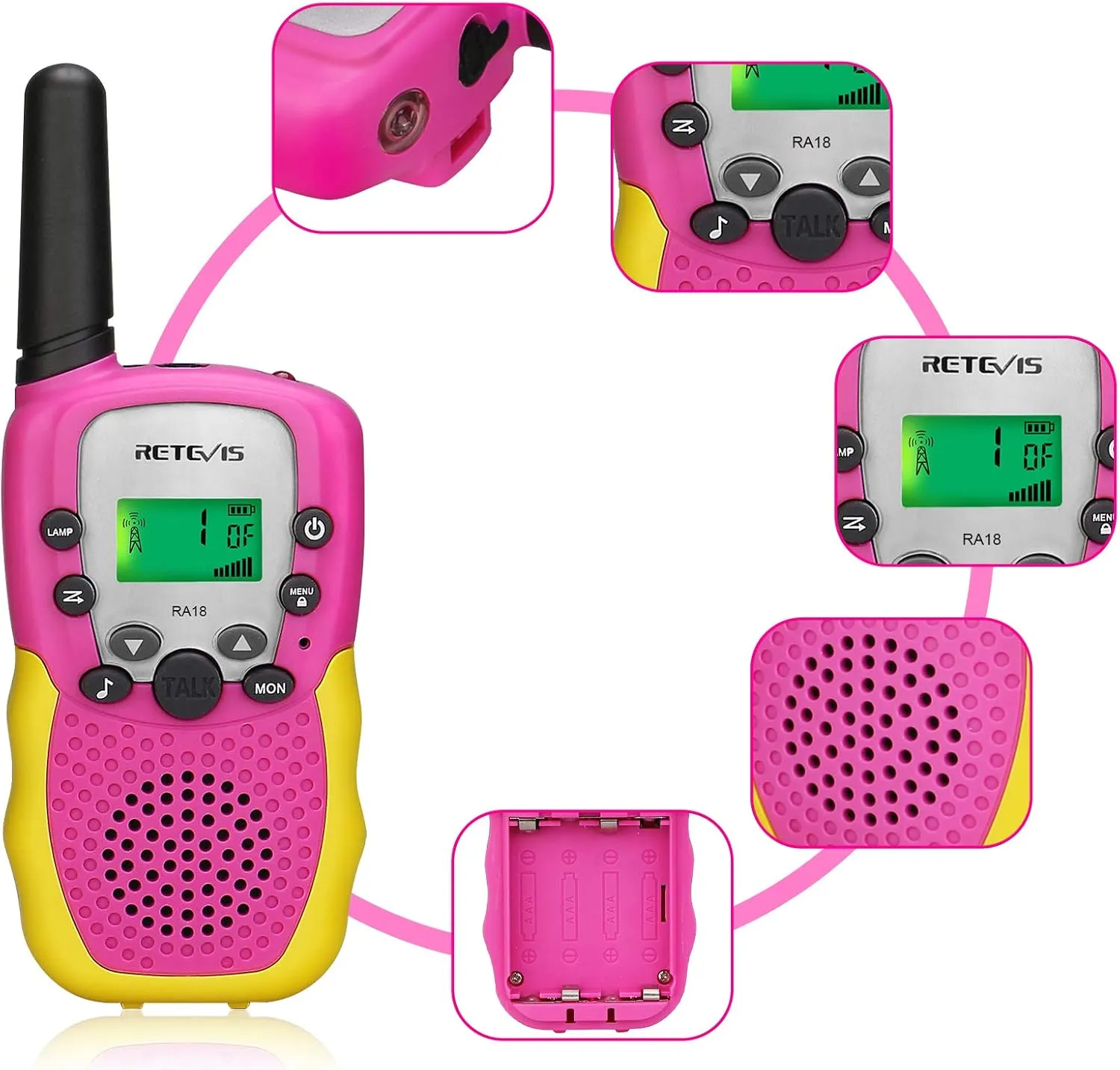 Retevis RA18 Kids Walkie Talkies, Walkie Talkie Toys for 6-12 Year Old Girls Boys, 22 CH, Long Range, Built-in Flashlight, Girls Birthday Gifts,Outdoor Garden Camping Family Trip(Pink 2 Pack)