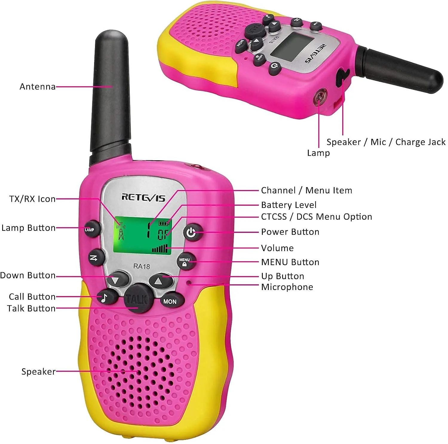 Retevis RA18 Kids Walkie Talkies, Walkie Talkie Toys for 6-12 Year Old Girls Boys, 22 CH, Long Range, Built-in Flashlight, Girls Birthday Gifts,Outdoor Garden Camping Family Trip(Pink 2 Pack)