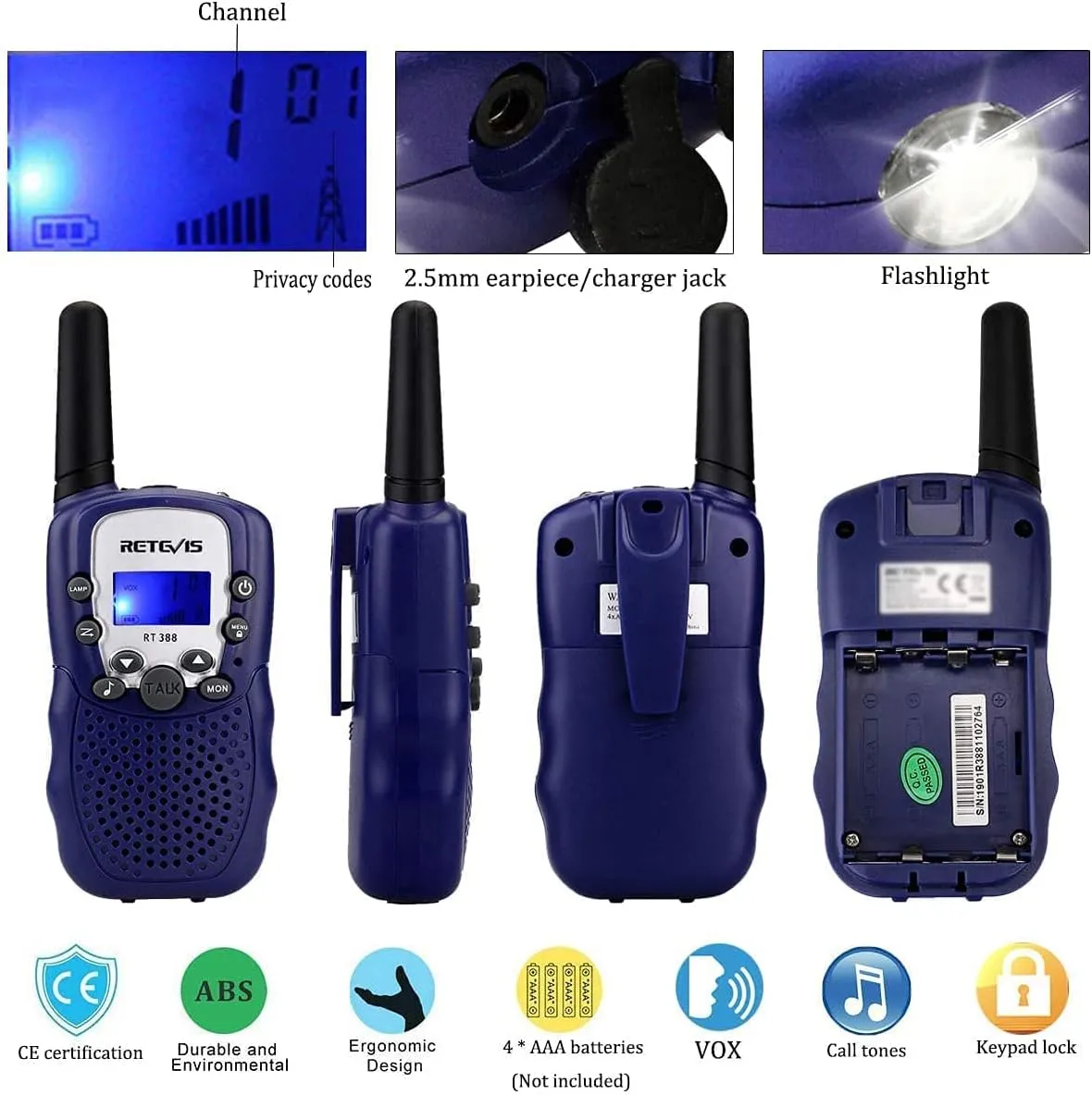 Retevis RT-388 Walkie Talkies for Kids,22 CH VOX Long Range Toy Walkie Talkie for Boys Girls Aged 6-12,Portable Ideal Gifts,Outdoor Camping Hiking (Blue,2 Pack)