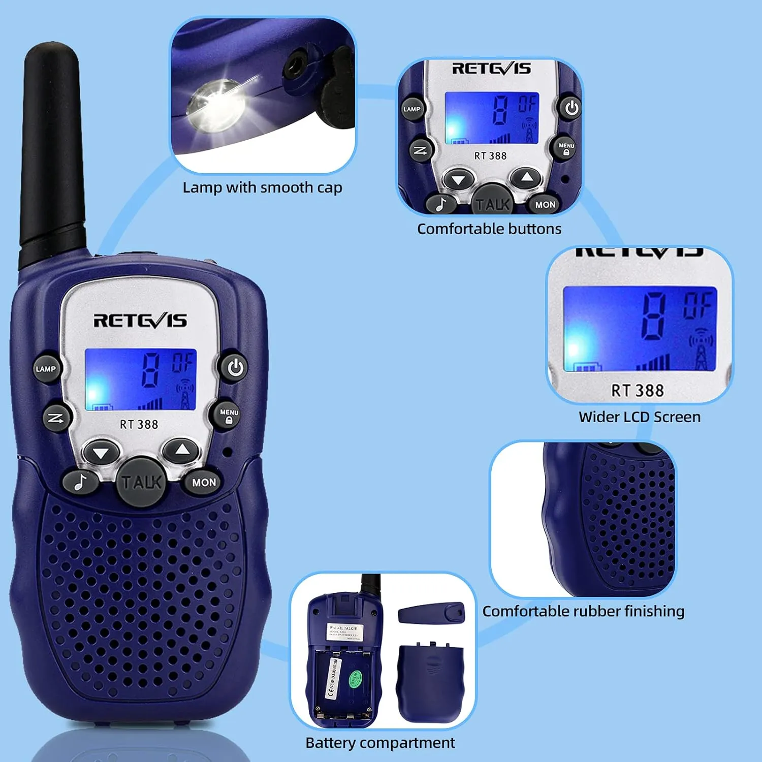 Retevis RT-388 Walkie Talkies for Kids,22 CH VOX Long Range Toy Walkie Talkie for Boys Girls Aged 6-12,Portable Ideal Gifts,Outdoor Camping Hiking (Blue,2 Pack)