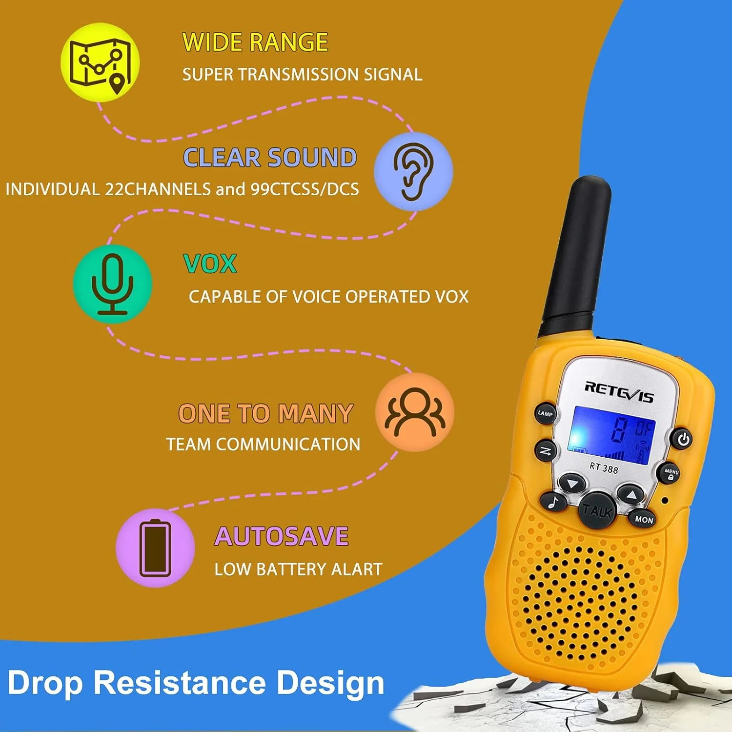 Retevis RT388 Kids Walkie Talkies,Toys Gifts for 6-12 Year Old Girls Boys,Long Range Toy Walkie Talkie,Birthday Gifts Outdoor Camping(Yellow 1 Pair)