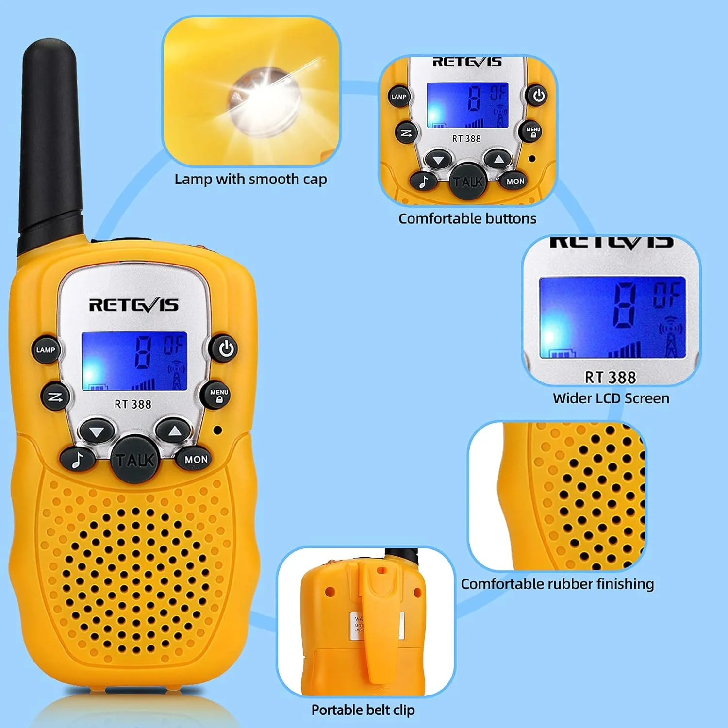 Retevis RT388 Kids Walkie Talkies,Toys Gifts for 6-12 Year Old Girls Boys,Long Range Toy Walkie Talkie,Birthday Gifts Outdoor Camping(Yellow 1 Pair)