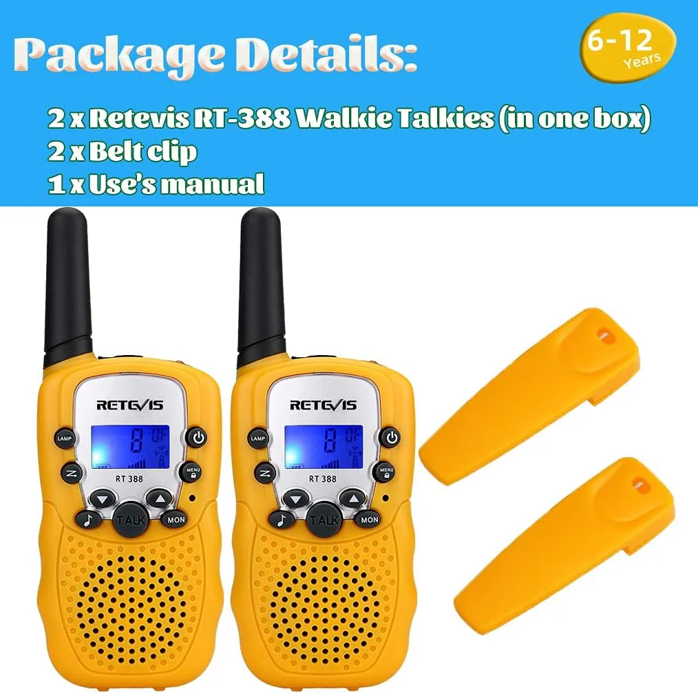 Retevis RT388 Kids Walkie Talkies,Toys Gifts for 6-12 Year Old Girls Boys,Long Range Toy Walkie Talkie,Birthday Gifts Outdoor Camping(Yellow 1 Pair)