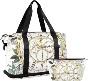 Retro Pocket Watch Wreath Flower Gym Bag Sports Duffel Bags with Toiletry Bag for Yoga Large Capacity