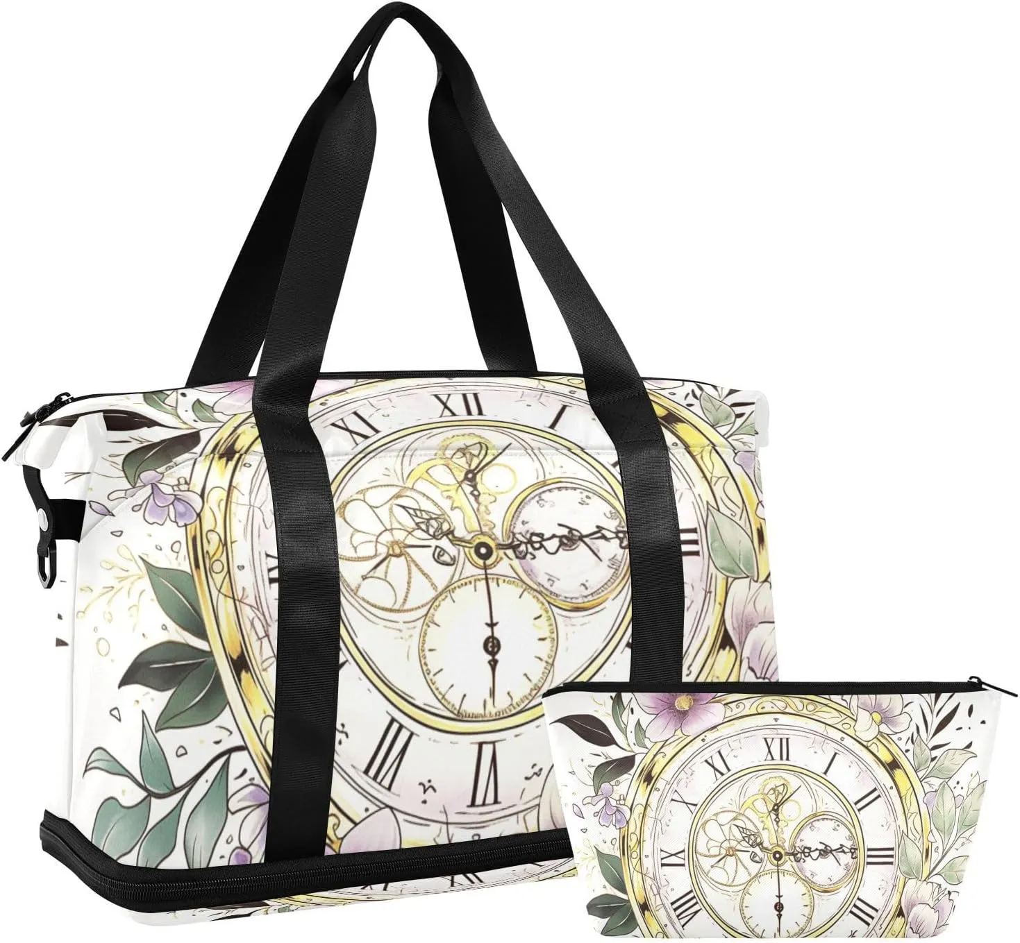 Retro Pocket Watch Wreath Flower Gym Bag Sports Duffel Bags with Toiletry Bag for Yoga Large Capacity