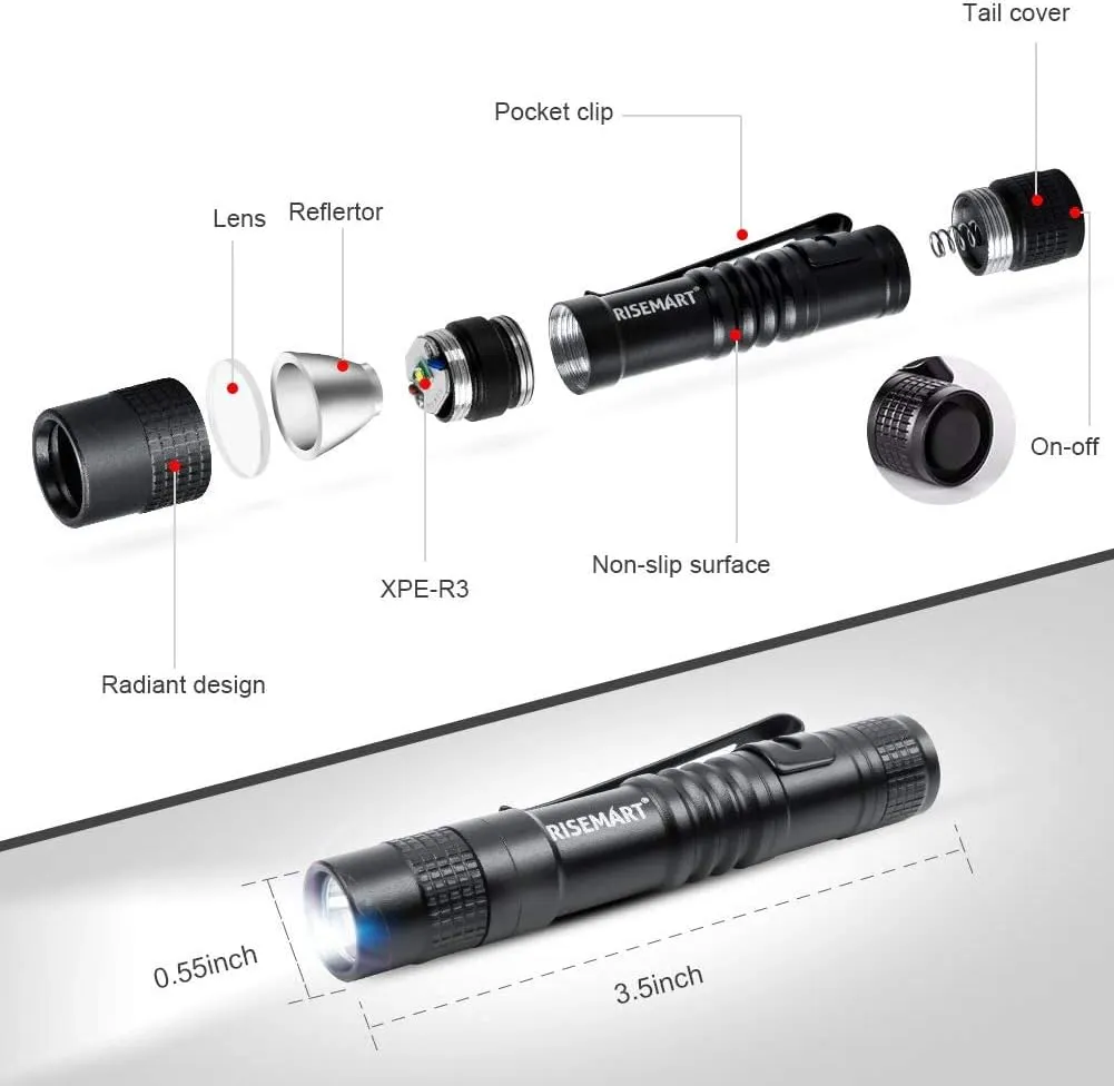 RISEMART Keychain Flashlight, Small Mini Pocket Led Pen Light Super Bright EDC Waterproof 3.5inch Portable with Clip and AAA Battery (Pack of 4) for Inspection, Hiking, Camping