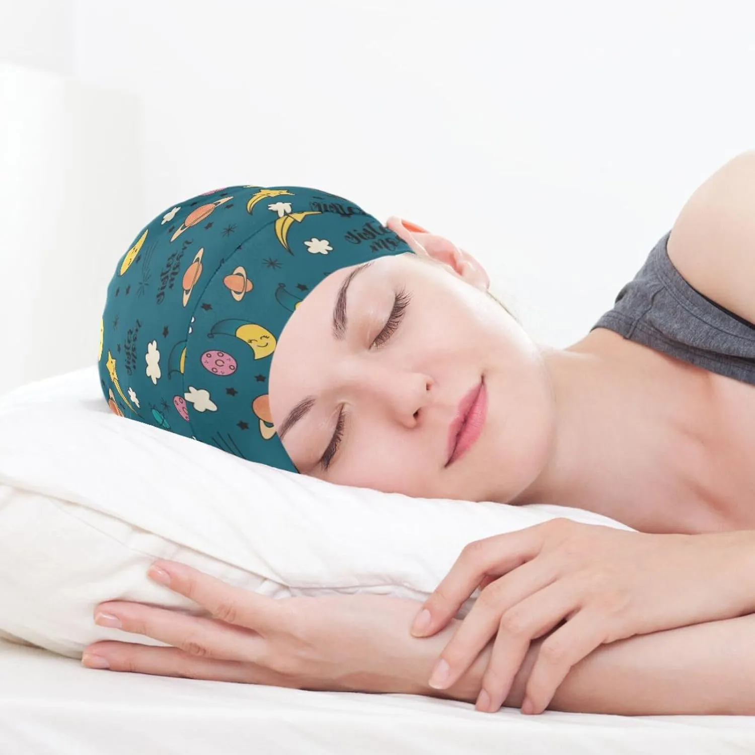 Satin Bonnet Hair Wrap for Sleeping - Lined Sleep Cap for Curly Hair Women & Men - Moon Cloud Dark Green