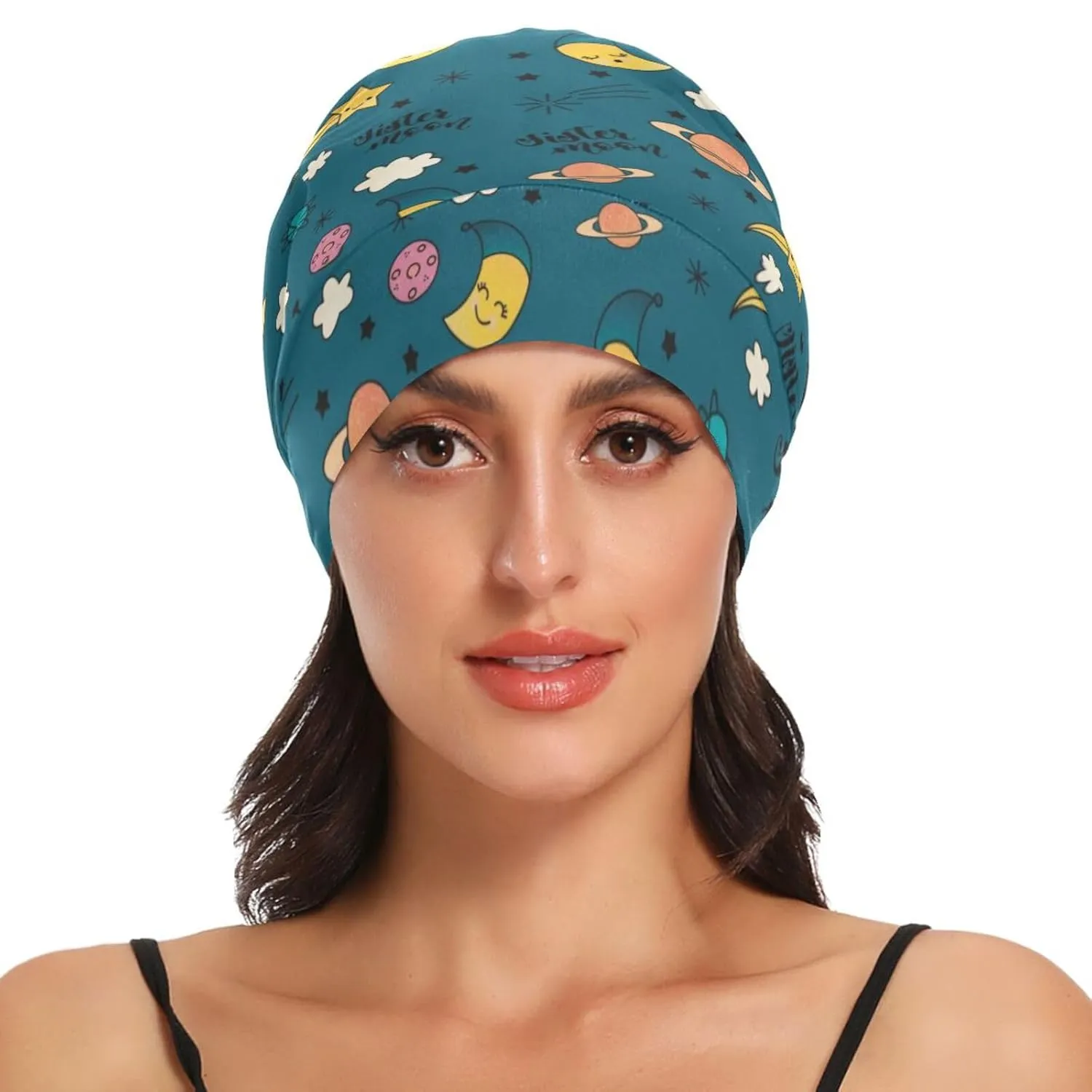 Satin Bonnet Hair Wrap for Sleeping - Lined Sleep Cap for Curly Hair Women & Men - Moon Cloud Dark Green