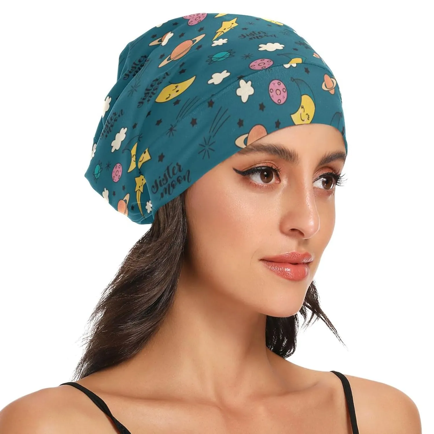Satin Bonnet Hair Wrap for Sleeping - Lined Sleep Cap for Curly Hair Women & Men - Moon Cloud Dark Green