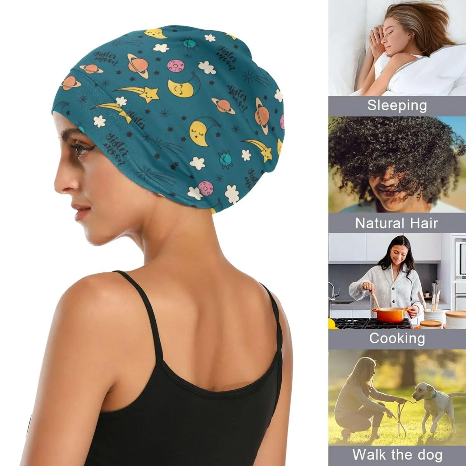 Satin Bonnet Hair Wrap for Sleeping - Lined Sleep Cap for Curly Hair Women & Men - Moon Cloud Dark Green