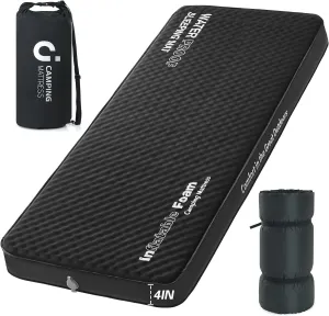 Self Inflating Sleeping Pad, 4in Ultra-Thick Foam Camping Car Mattress with Air Pump Sack, Sleeping Mat for Adults Inflatable Camping Pad Mattress, Single Cot Bed, Travel, Car, Tent, Home, Black