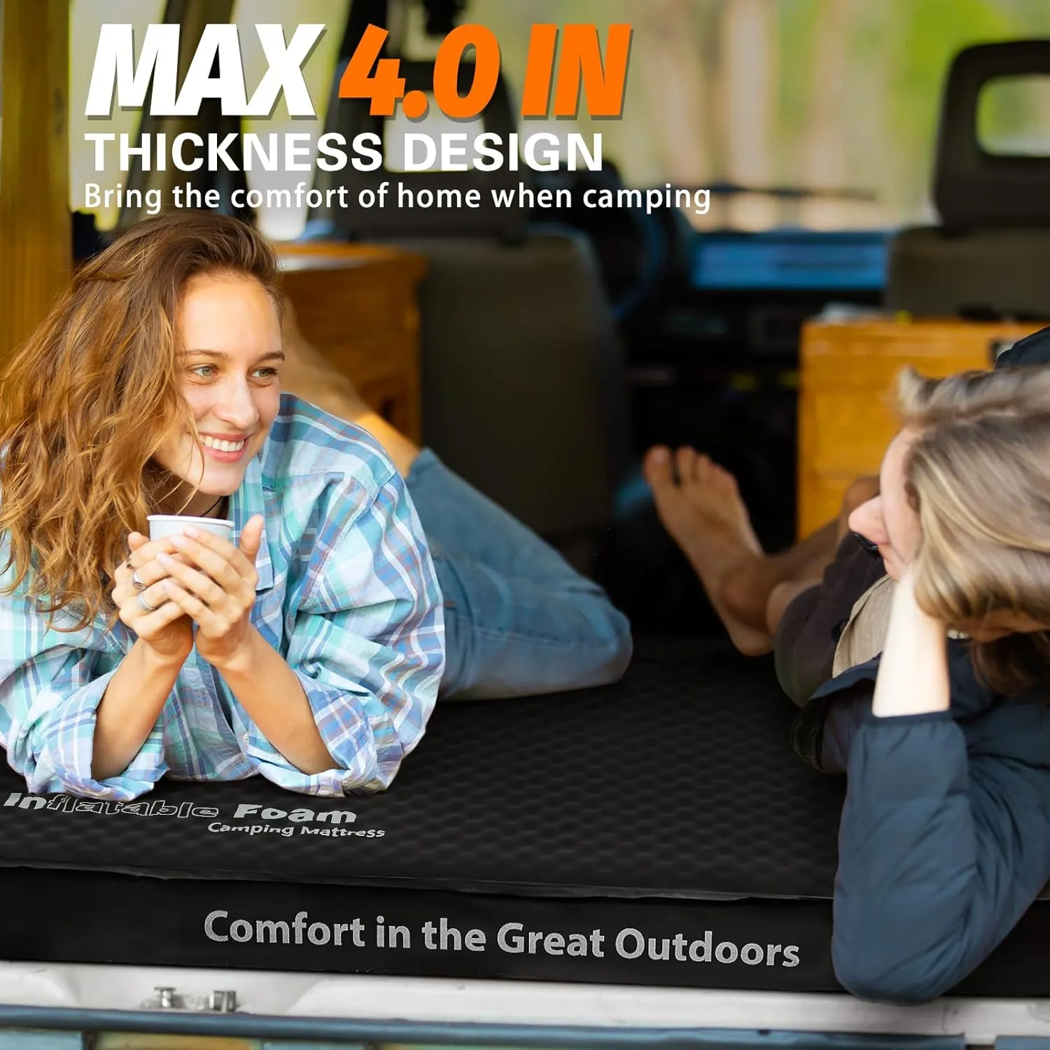 Self Inflating Sleeping Pad, 4in Ultra-Thick Foam Camping Car Mattress with Air Pump Sack, Sleeping Mat for Adults Inflatable Camping Pad Mattress, Single Cot Bed, Travel, Car, Tent, Home, Black