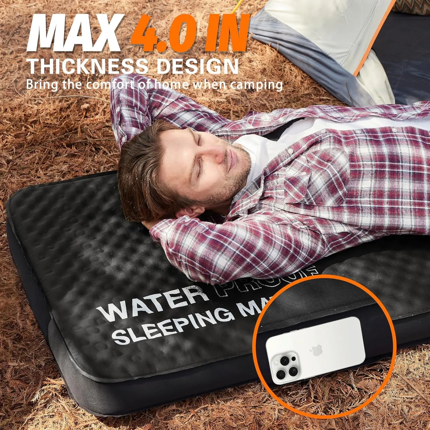 Self Inflating Sleeping Pad, 4in Ultra-Thick Foam Camping Car Mattress with Air Pump Sack, Sleeping Mat for Adults Inflatable Camping Pad Mattress, Single Cot Bed, Travel, Car, Tent, Home, Black