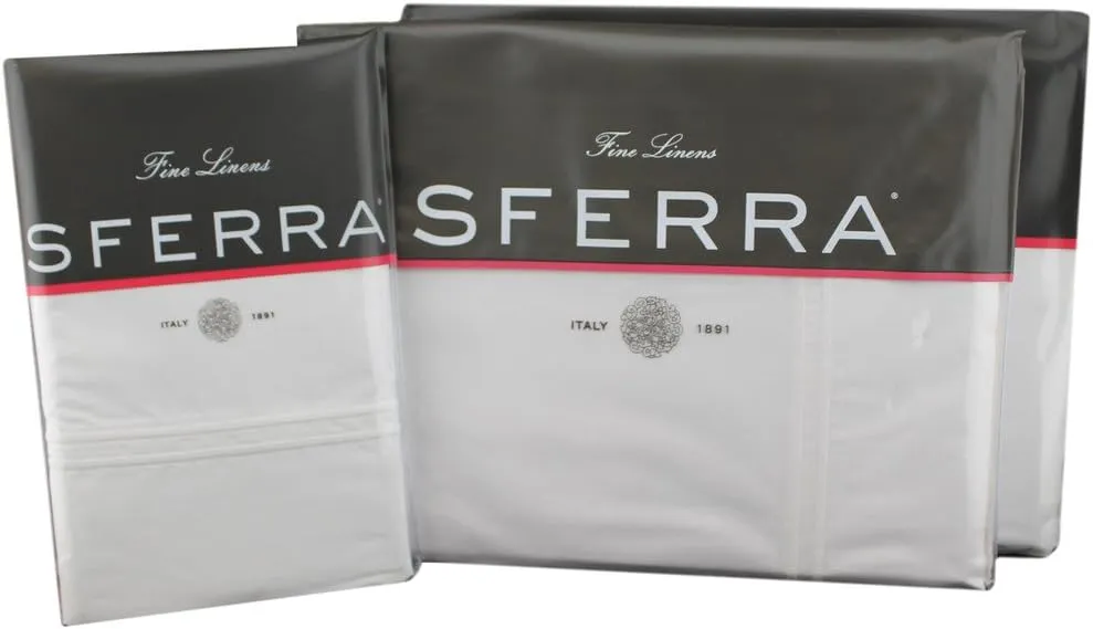 Sferra Grande Hotel Sheets - King, White/White, Italian Woven Cotton Percale Fabric Hotel Style Bedding, Double Row Satin Stitch Embroidery On Sheets & Pillowcases