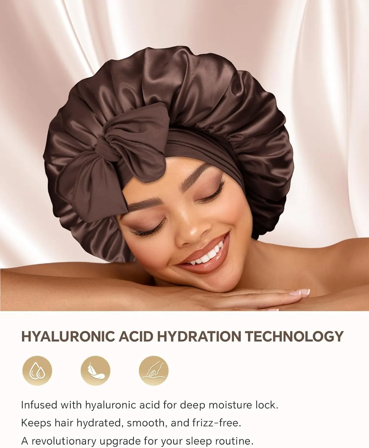 Silk Bonnet for Sleeping Women Double Layer HYALURONIC Acid Infused Satin Bonnet with Tie Band Sleep Cap for Curly Hair