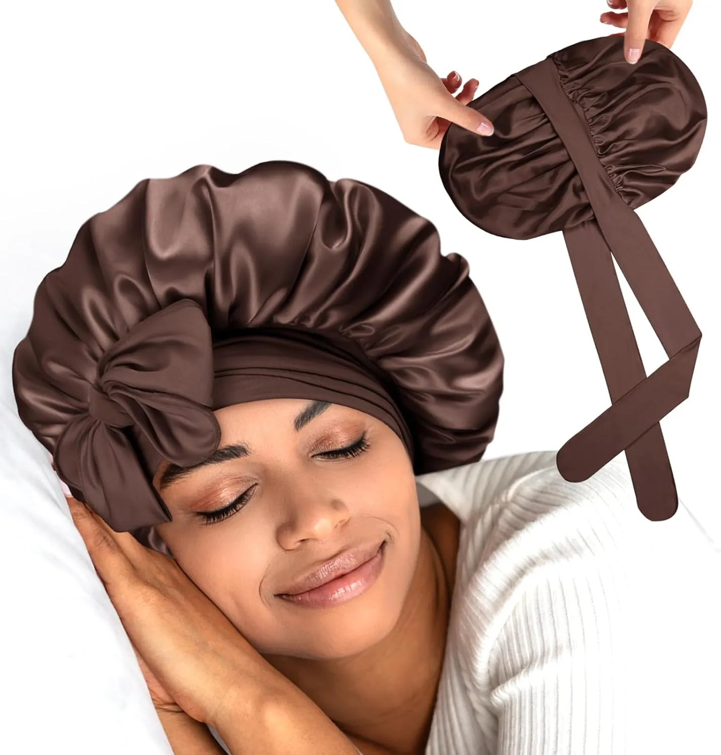Silk Bonnet for Sleeping Women Double Layer HYALURONIC Acid Infused Satin Bonnet with Tie Band Sleep Cap for Curly Hair