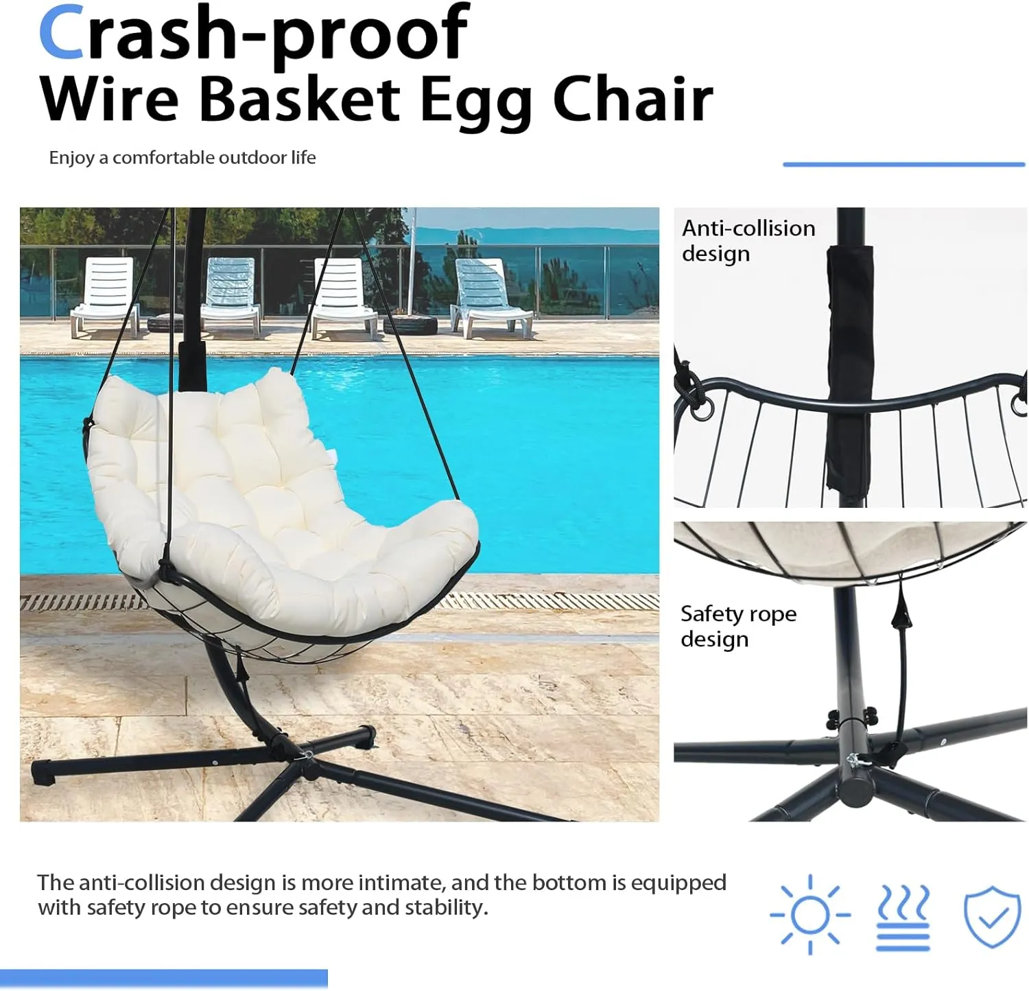Single Hanging Swing Egg Chair With Stand, Polyester Static Rope   Wire Netting, With Thickened Uv Resistant Removable Cushions, 350lbs Capacity For Living Room Bedroom Balcony Patio Xmas Gift (White)