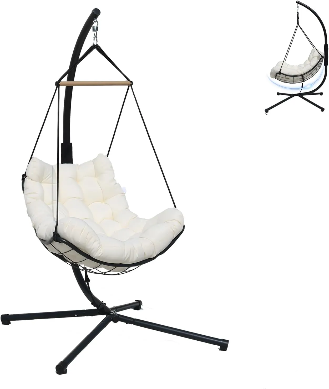 Single Hanging Swing Egg Chair With Stand, Polyester Static Rope   Wire Netting, With Thickened Uv Resistant Removable Cushions, 350lbs Capacity For Living Room Bedroom Balcony Patio Xmas Gift (White)