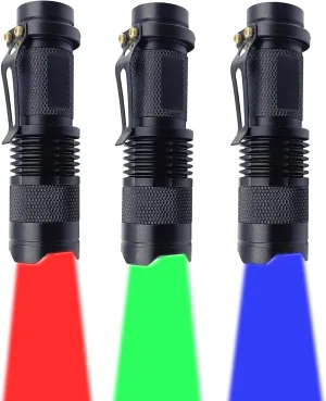 Single Mode LED Flashlight, Red Green Blue Flashlight - Mini Light Portable Zoomable Flashlight for Fishing Camping Hunting Emergency, 3 Pack