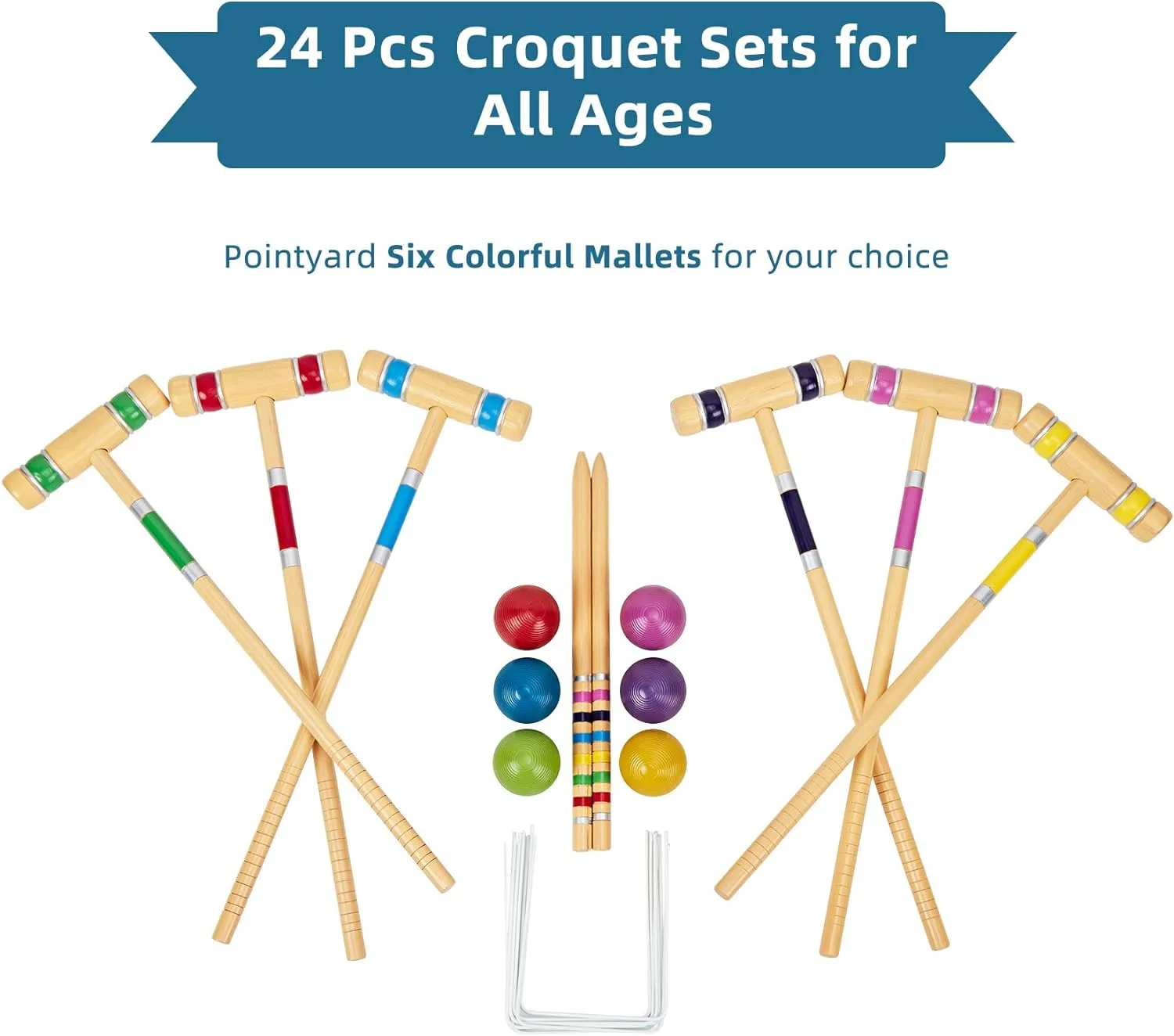 Six Player Croquet Set, 28’’ Croquet Set with Wooden Mallets/Colored Ball/Wickets/Stakes for Adults/Teenager/Family-Perfect for Lawn/Backyard Game/Park (Includes Carry Bag)