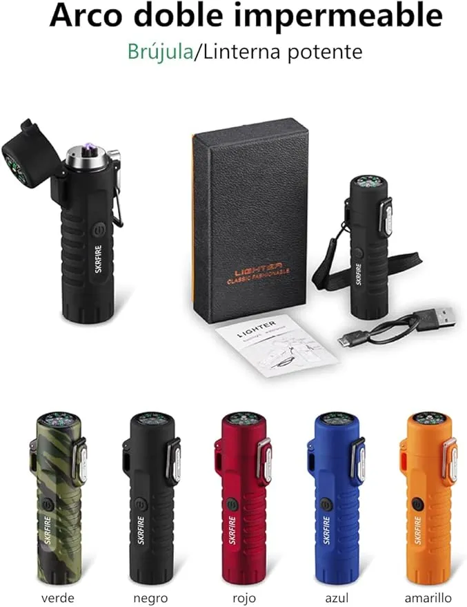 SKRFIRE Cool Lighter USB Rechargeable Dual Arc Plasma Lighter Outdoor Flashlight Lighter with Compass for Emergency Survival Kit, Adventure, Survival (Blue)