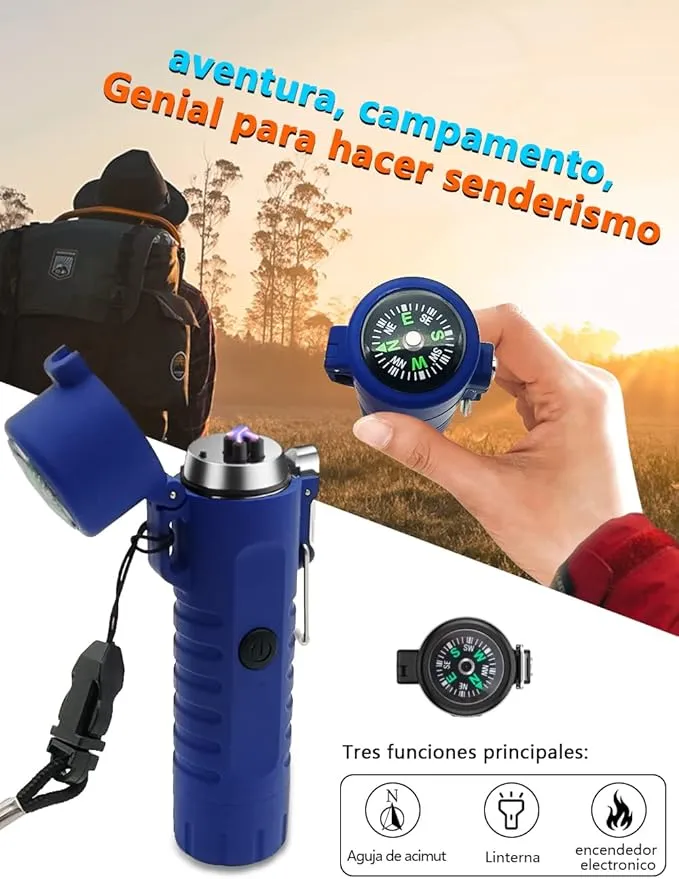 SKRFIRE Cool Lighter USB Rechargeable Dual Arc Plasma Lighter Outdoor Flashlight Lighter with Compass for Emergency Survival Kit, Adventure, Survival (Blue)
