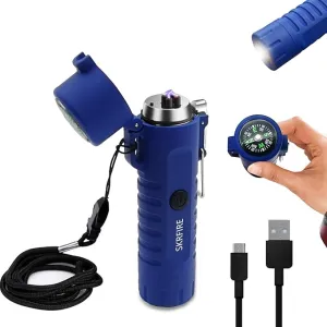 SKRFIRE Cool Lighter USB Rechargeable Dual Arc Plasma Lighter Outdoor Flashlight Lighter with Compass for Emergency Survival Kit, Adventure, Survival (Blue)