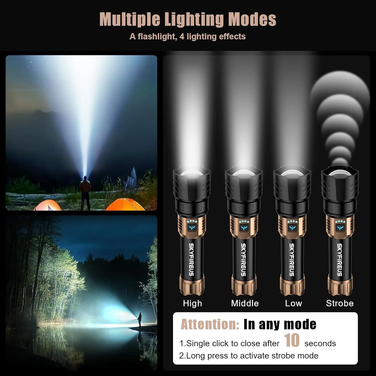 SKYFIRE LED Flashlights High Lumens,10000mAh Super Bright Rechargeable Flashlight,15000.00lm Zoomable,Four Modes,Waterproof Flash Light for Camping Essentials,Outdoor and Home Emergencies-No Lens