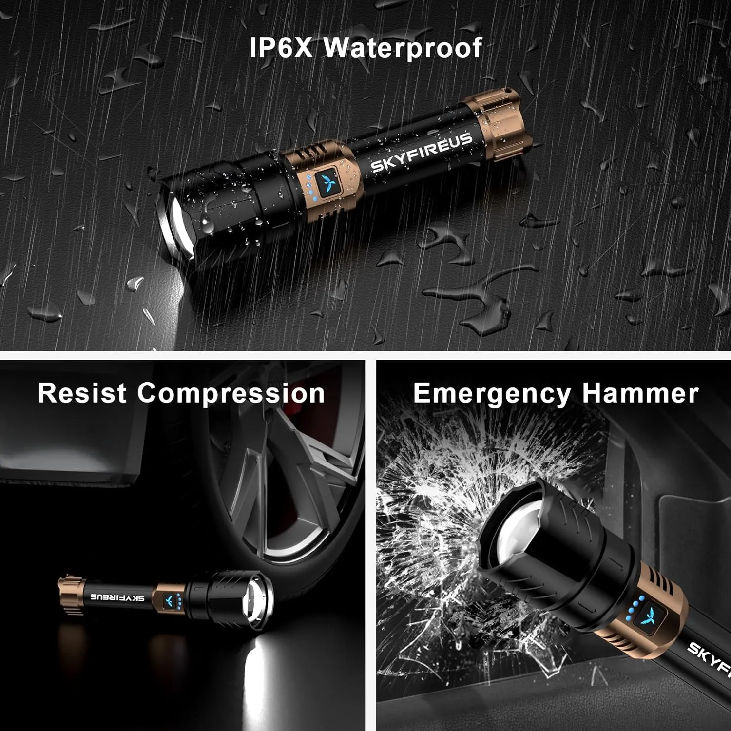 SKYFIRE LED Flashlights High Lumens,10000mAh Super Bright Rechargeable Flashlight,15000.00lm Zoomable,Four Modes,Waterproof Flash Light for Camping Essentials,Outdoor and Home Emergencies-No Lens