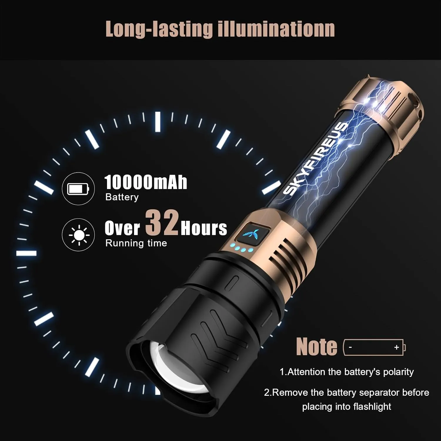 SKYFIRE LED Flashlights High Lumens,10000mAh Super Bright Rechargeable Flashlight,15000.00lm Zoomable,Four Modes,Waterproof Flash Light for Camping Essentials,Outdoor and Home Emergencies-No Lens