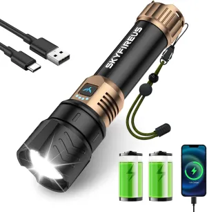 SKYFIRE LED Flashlights High Lumens,10000mAh Super Bright Rechargeable Flashlight,15000.00lm Zoomable,Four Modes,Waterproof Flash Light for Camping Essentials,Outdoor and Home Emergencies-No Lens
