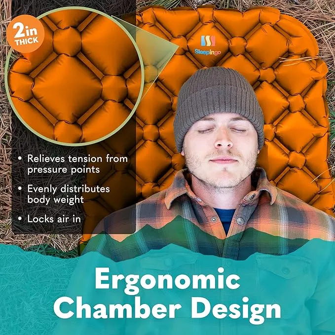 Sleeping Pad for Camping - Ultralight Sleeping Mat for Camping, Backpacking, Hiking - Lightweight, Inflatable Air Mattress - Compact Camping Mats for Sleeping-Orange with Black back-1pk