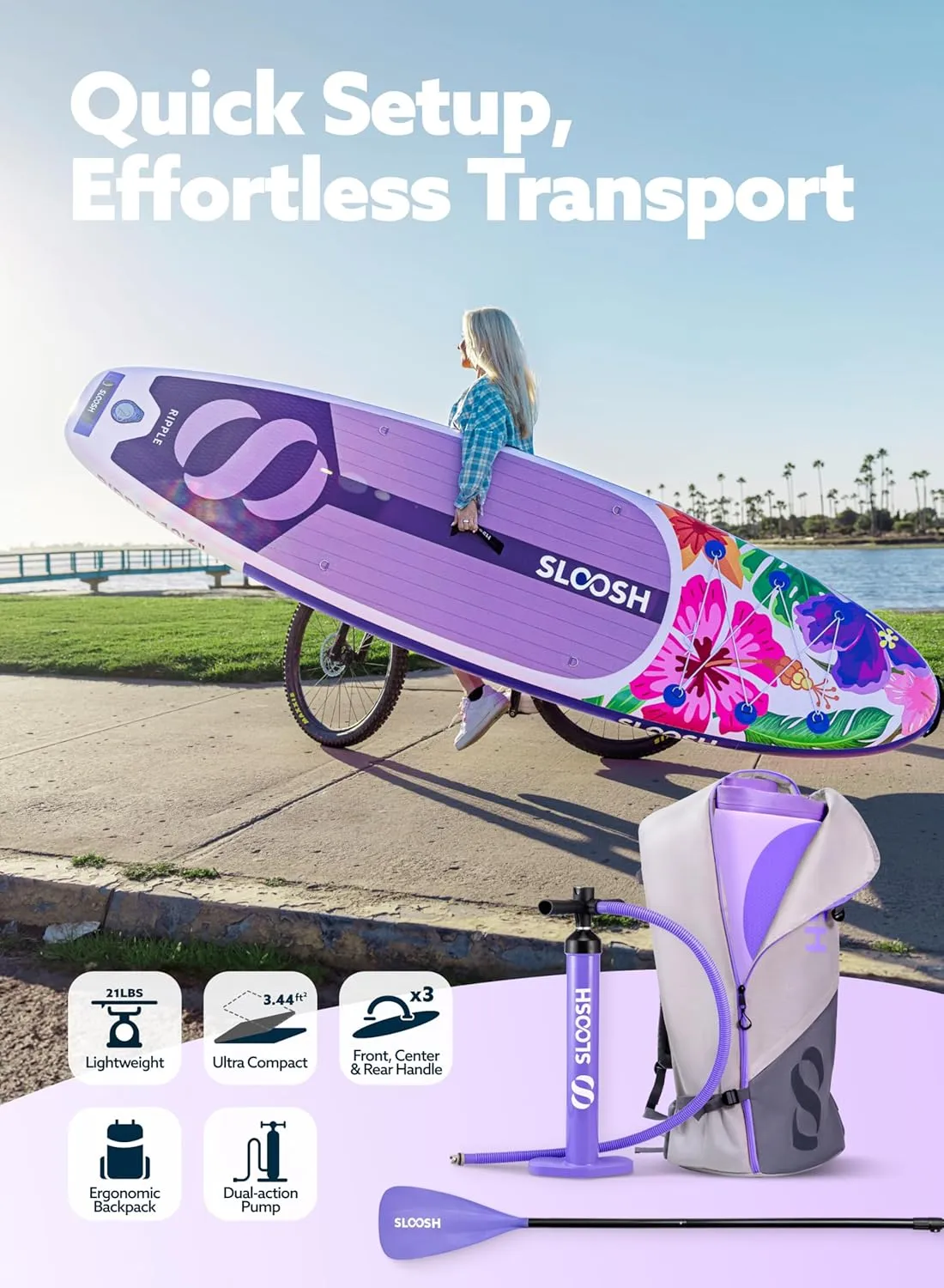 SLOOSH Inflatable Stand Up Paddle Board, 10'6" Paddle Boards with Premium Accessories, Non-Slip EVA Deck, Ultra-Light Carry Bag Pump, Ripple SUP for Youth & Adults of All Skill Levels