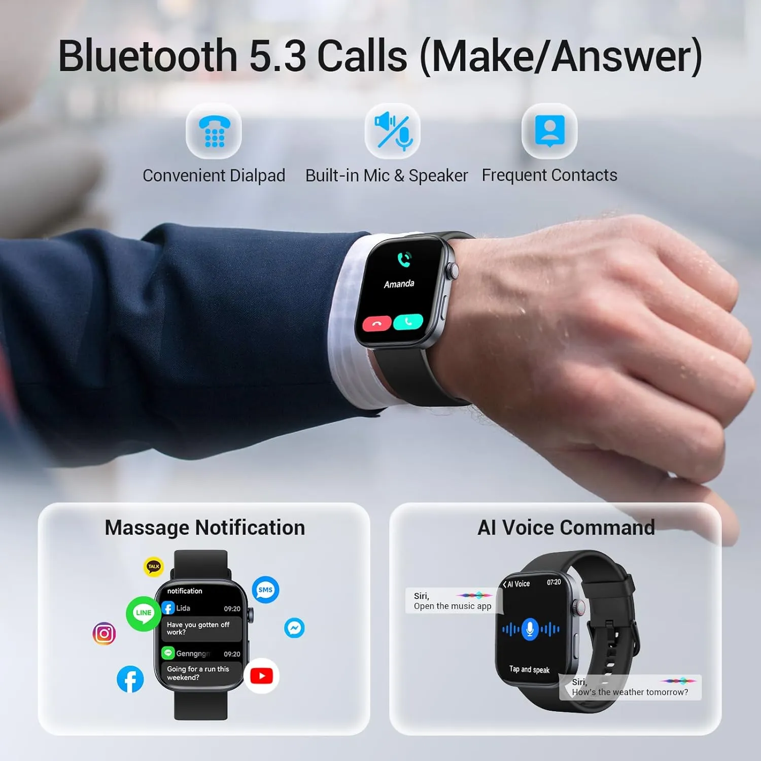 Smart Watches for Men Android iPhone, [1.99" Amoled Screen] Fitness Tracker Smartwatch with Bluetooth Calls, AI Control, Heart Rate/SpO2/Sleep Monitor, 12 Days Battery, 3ATM Waterproof - Balck