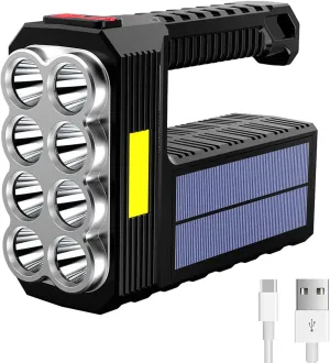 Solar Flashlight Rechargeable 8 LED Handheld with COB Sidelight, High Lumens 3 Modes Searchlight, Portable Lightweight Waterproof Spotlight for Fishing Outdoor Camping Emergencies