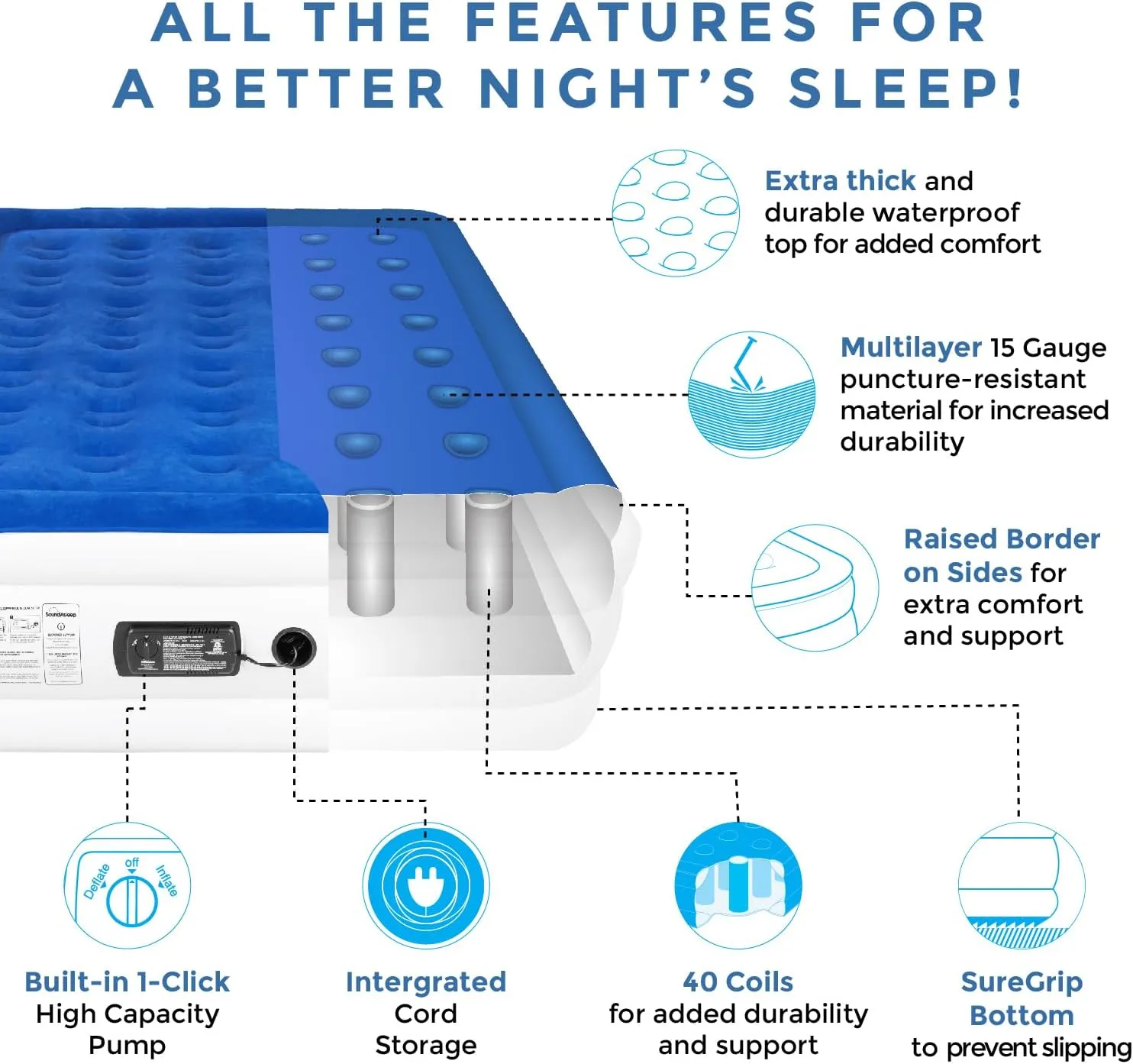 SoundAsleep Dream Series Luxury Air Mattress with ComfortCoil Technology & Built-in High Capacity Pump for Home & Camping- Double Height, Adjustable, Inflatable Blow Up, Portable - Full Size