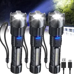 Spacebuddy Observatioy Flashlight, A70 Tactical LED Flashlight, Upgraded A70 Tactical Flash Light, Economicalk Flashlight, Outdoor Strong Light Flashlight USB Rechargeable 1500 Lumens (3Pcs)