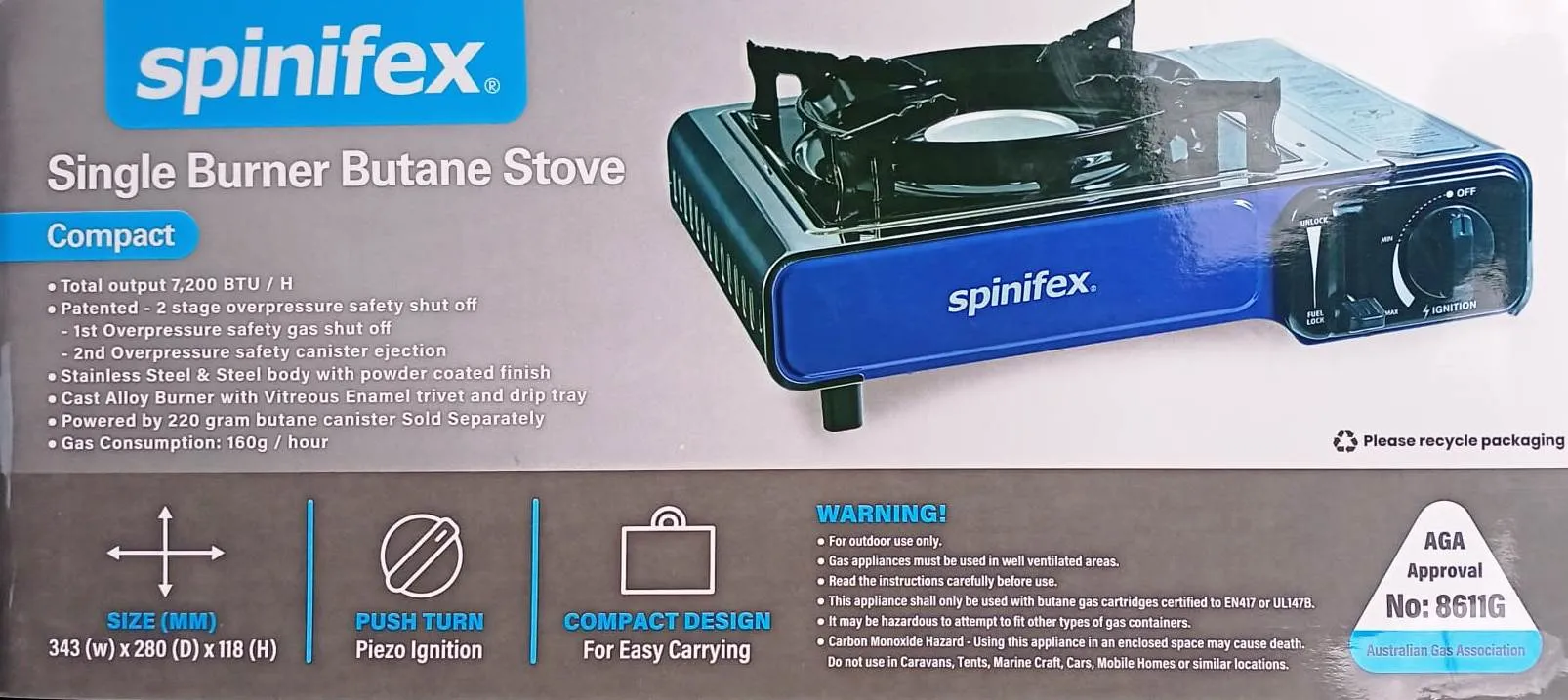 Spinifex Compact 1 Burner Butane Stove AN2216/ Perfect for Camping