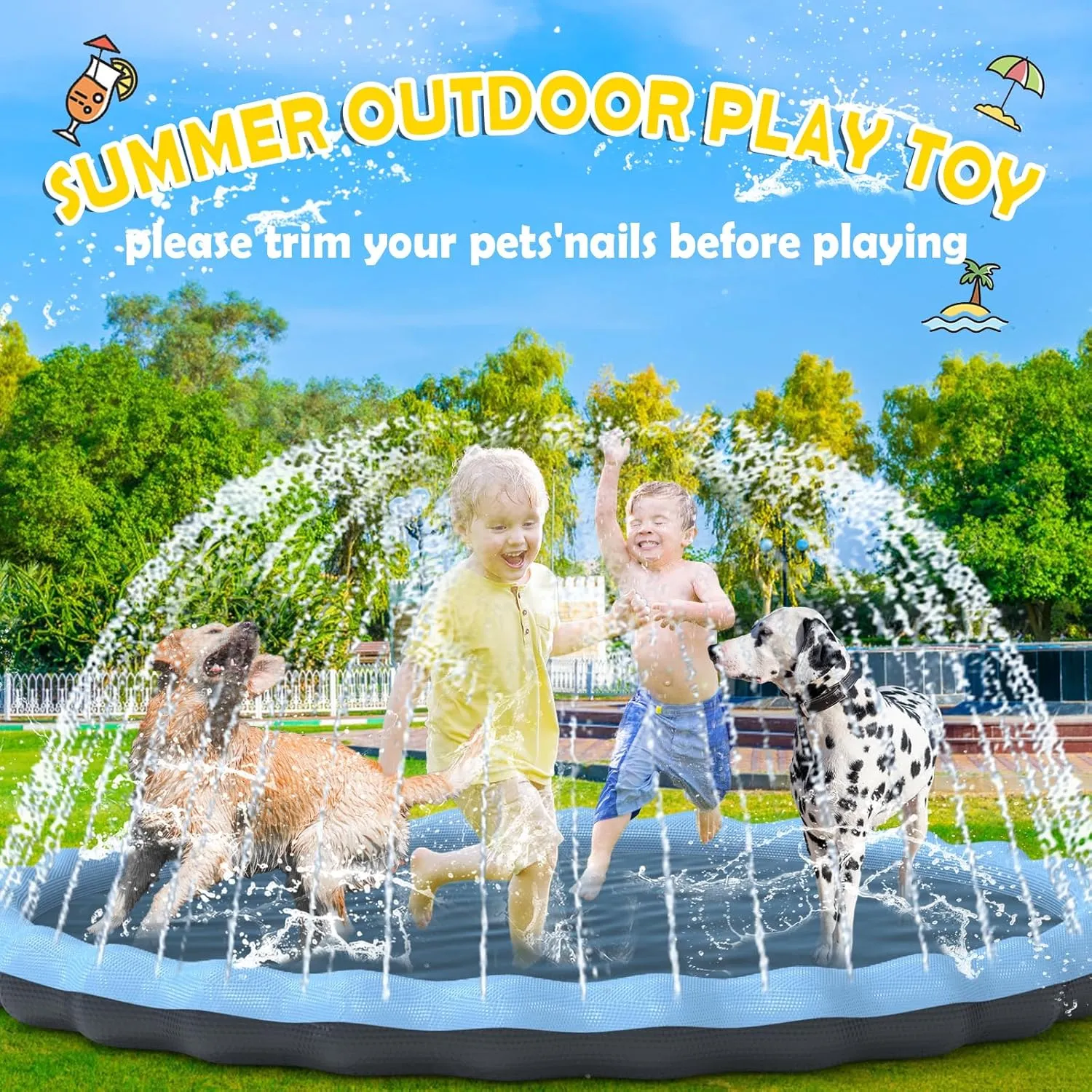 Splash Pad, Hyperzoo 95" Extra Large Sprinkler Splash Pad for Kids and Dogs, Non-Slip Thickened Sprinkler Pad Pool Summer Outdoor Water Toys for Baby Toddler Boys Girls 3-12 Years Blue